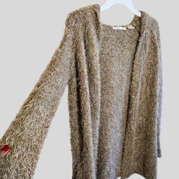 Anthropologie Sleeping on Snow Fuzzy Hooded Cardigan Tan S Soft Cozy Open Front - Picture 14 of 15